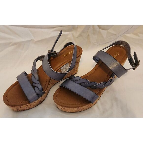 Nicole Debbie 9.5 Sandles Strappy Leather Blue Slate Wedge Platform #2490 - Picture 3 of 5